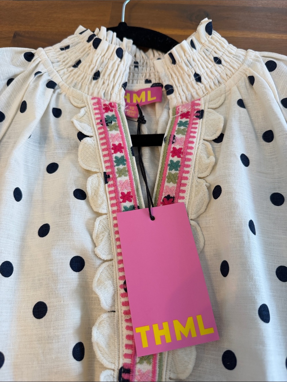 THML Cream Polka Dot Peasant Top with Pink Floral Embroidery - Picture 4 of 5